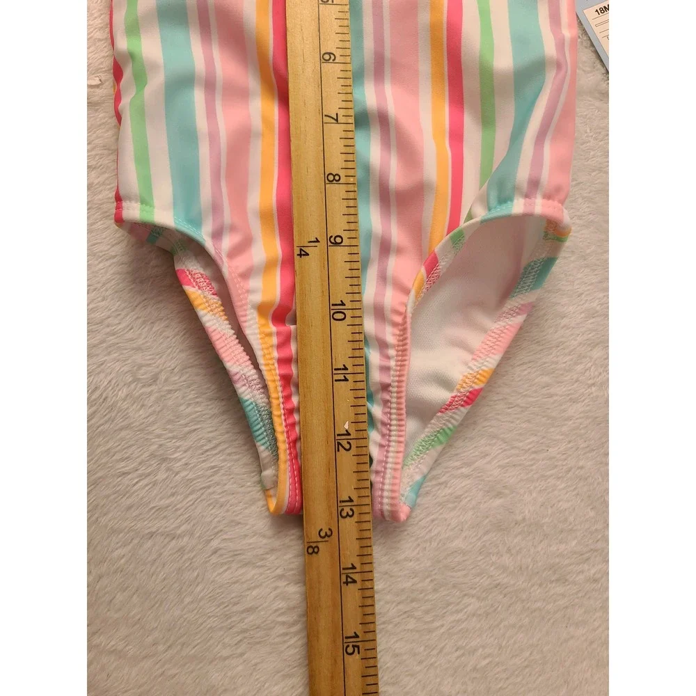 Cat & Jack Toddler Girls 18M Striped One Piece Swimsuit UPF 50+ Pink Teal NWT